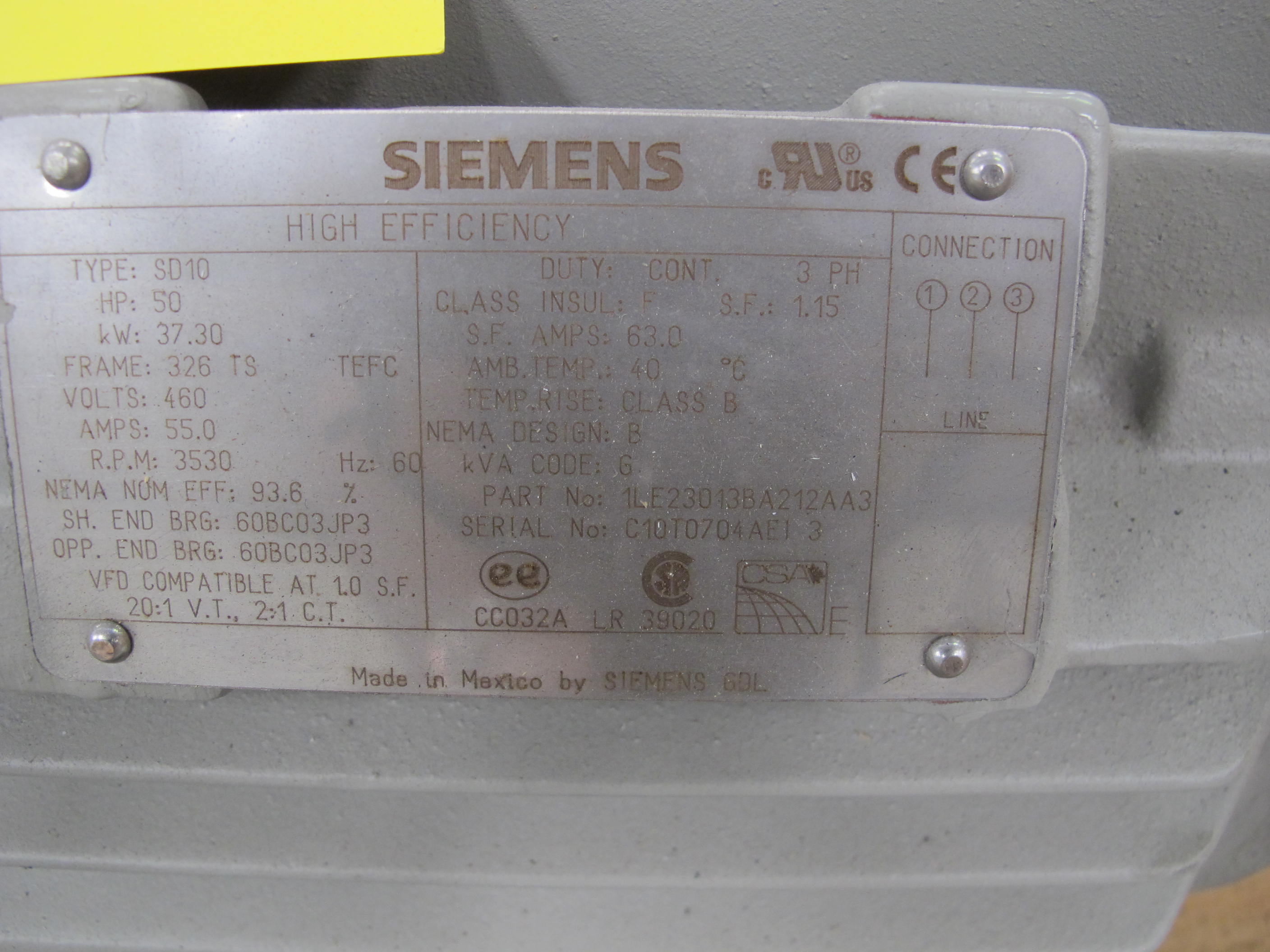 MOTOR, ELECTRIC TYPE, 50 HORSEPOWER, 460VAC 3 PHASE 60HZ ELEC RATING, 3600 RPM, 326TS FRAME, 55 FLA, TEFC ENCLOSURE. NEMA DESIGN B KVA CODE G CLASS F INSULATION SPACE HEATERS 2-280W @ 240 VOLT. PART # 1LE23013BA212AA3 (W-44) LOADING & HANDLING FEE $15-